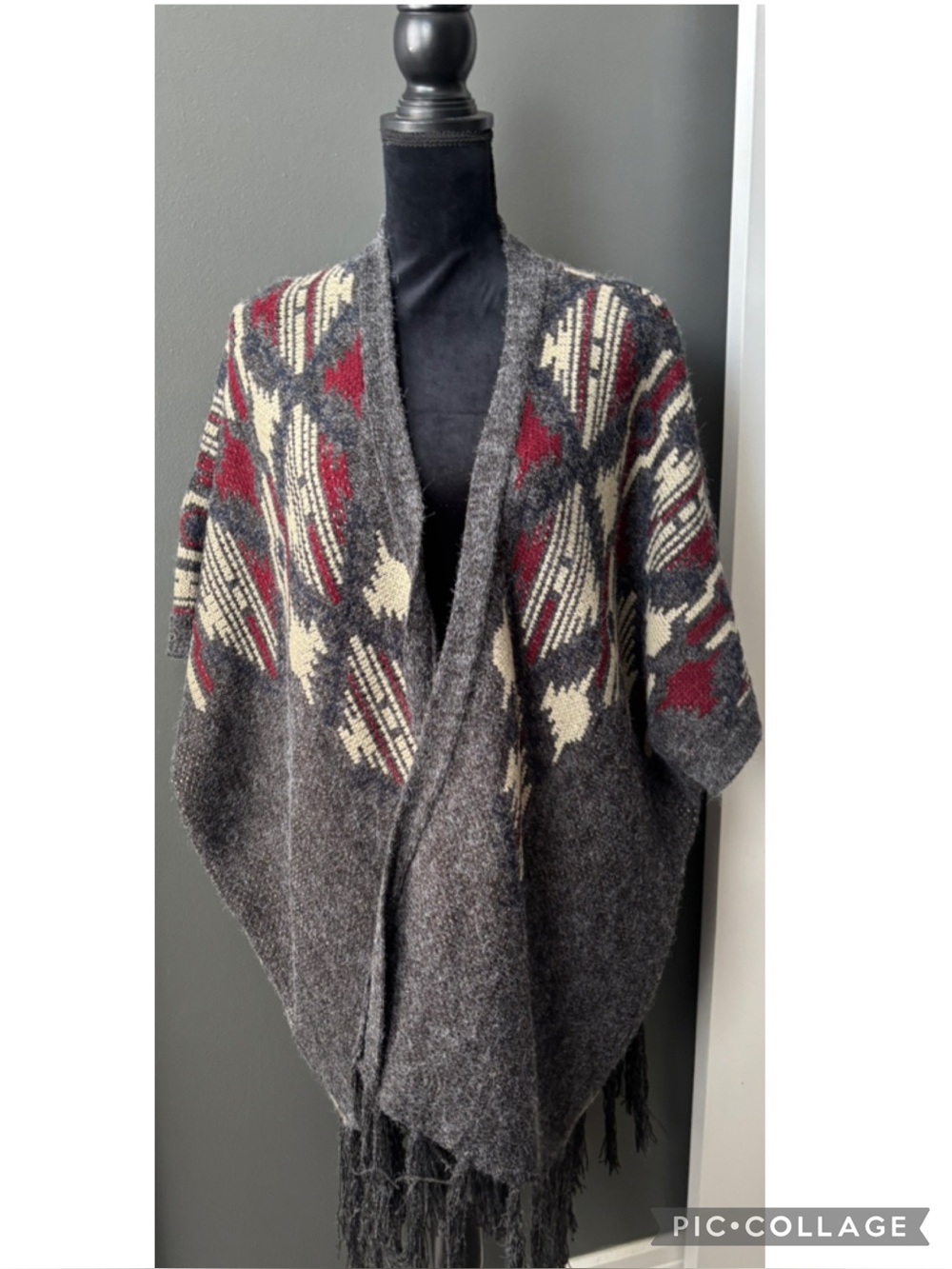 Argyle Knit Ruana-Dark Grey